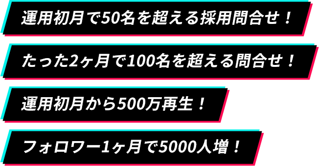 運用初月で50名を超える採用エントリー！たった2ヶ月で応募者100名突破！運用初月から500万再生！フォロワー1ヶ月で5000人増！